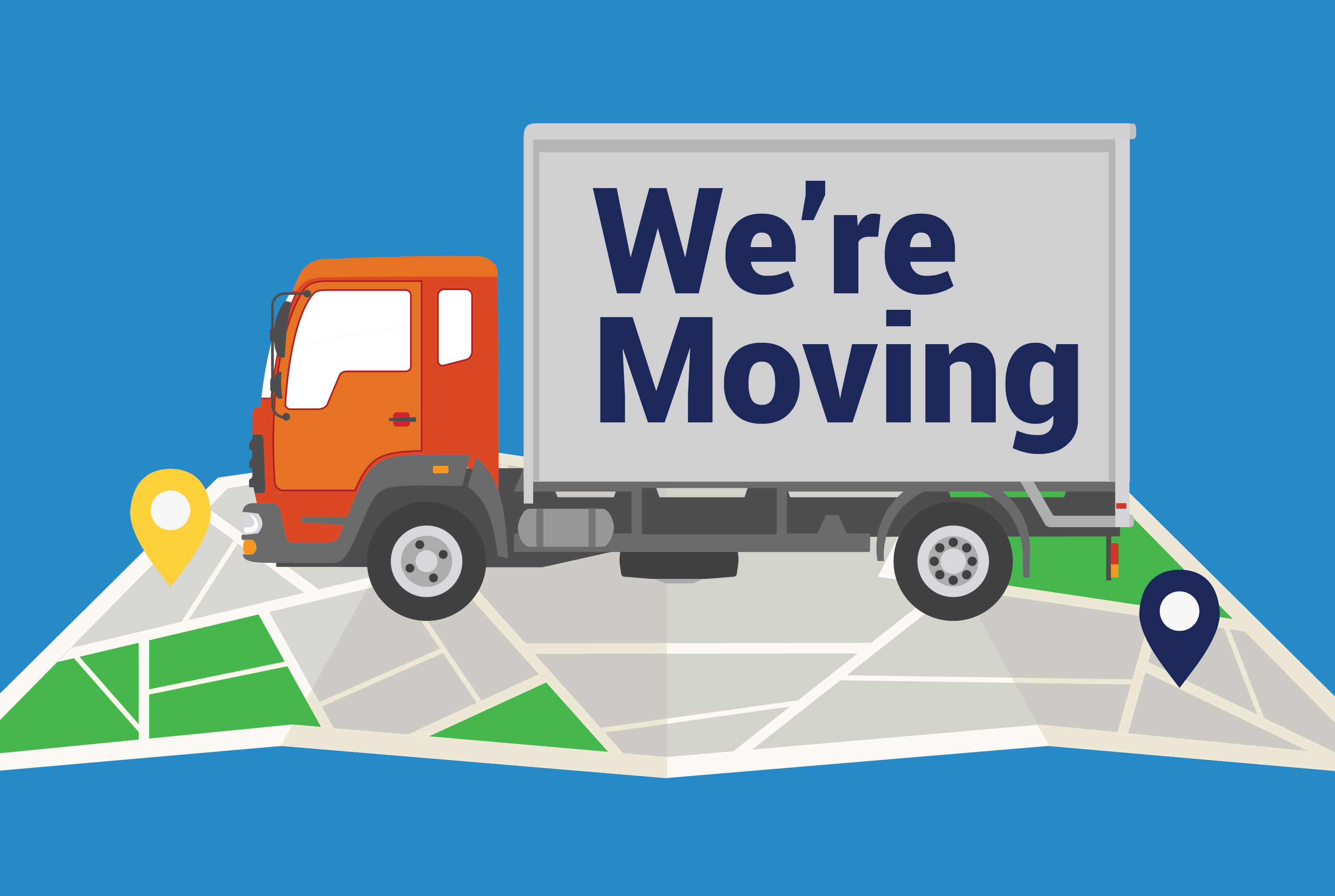 A dynamic graphic illustration featuring a moving truck sitting on a map between two pinned locations, with the caption 'We're Moving' prominently displayed on the side of the truck